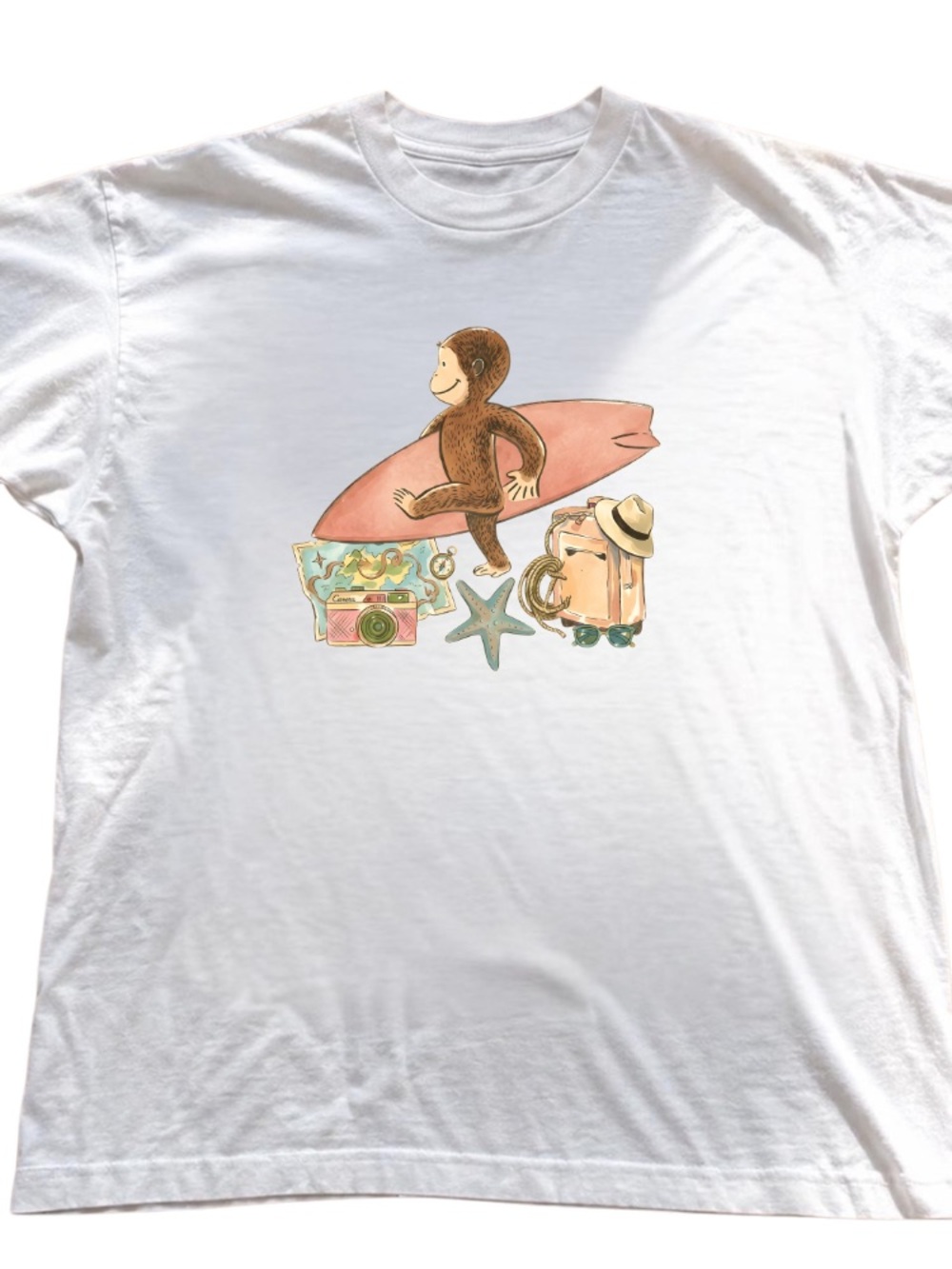 White Tee with Surfing Monkey Graphic